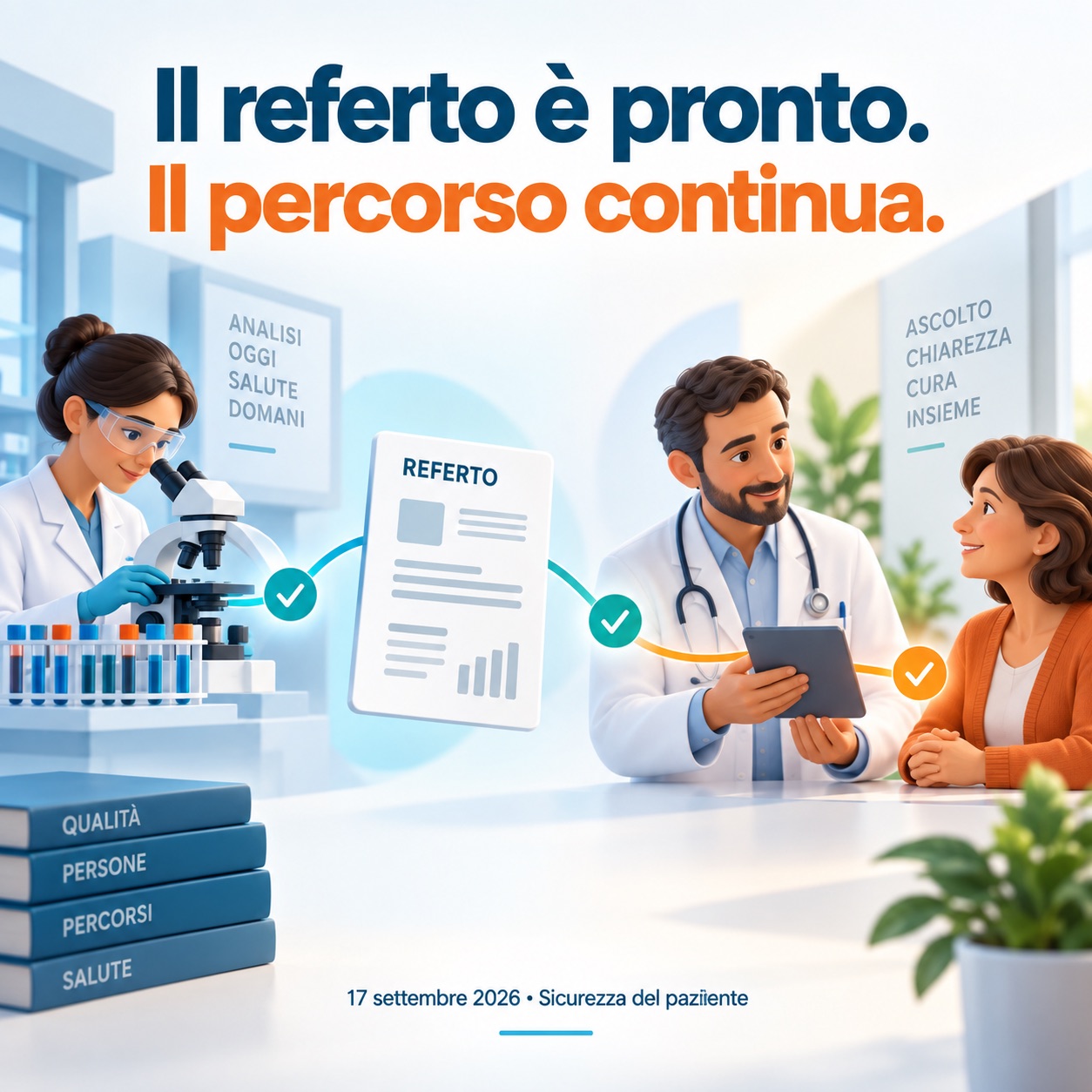 Illustrazione digitale con referto sanitario e scudo di sicurezza